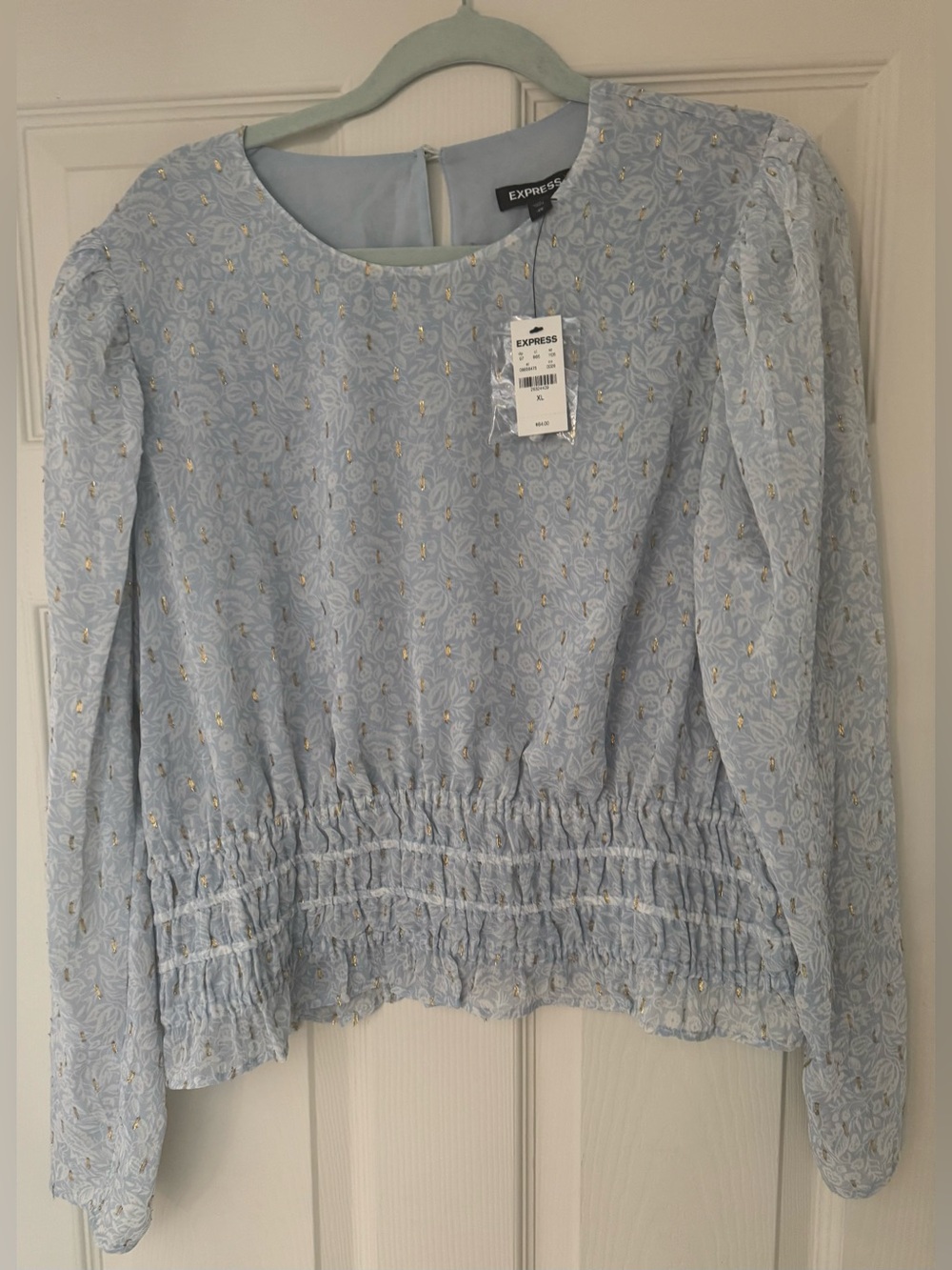 Express - Baby Blue Floral Metallic Long-Sleeve Blouse / Size XL NWT